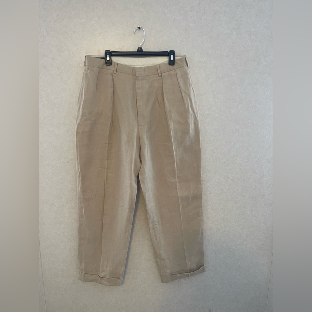 Men's Polo Ralph Lauren Khaki Pants, Front Folds, Turned Hem 100% Línen 36x30